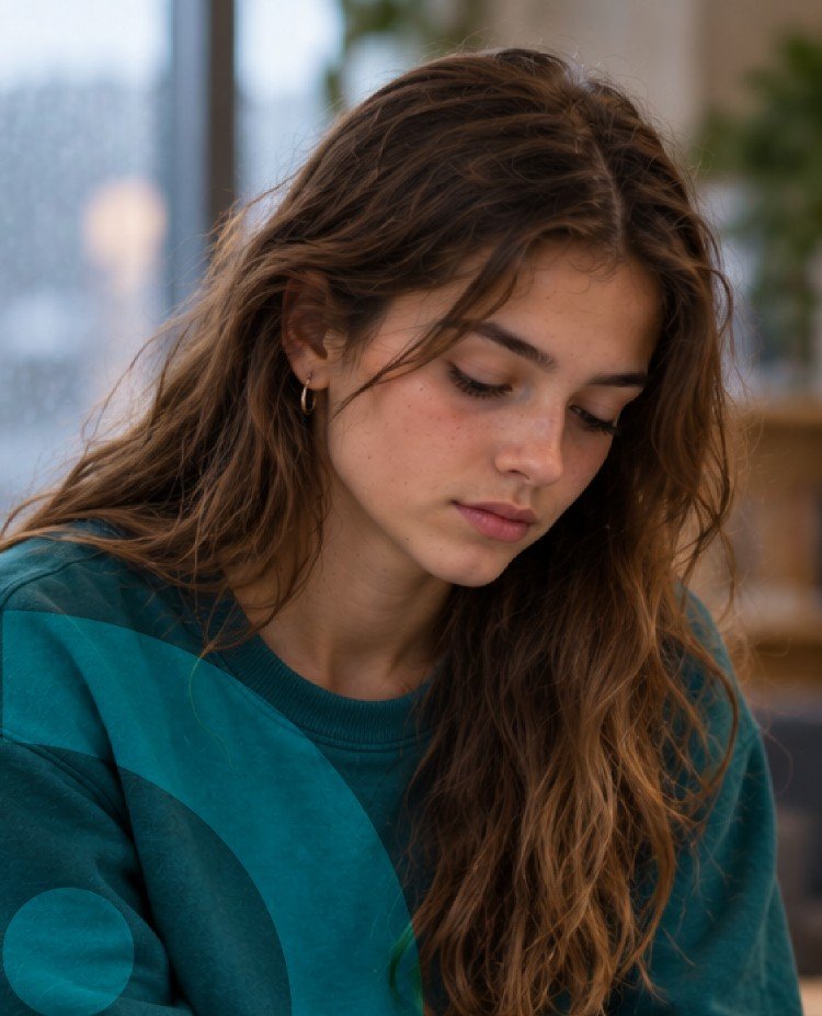 Una ragazza assorta nei suoi pensieri, in una stanza luminosa